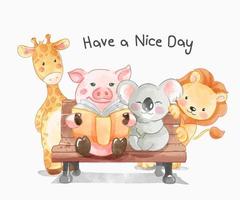 have a good day slogan with cute animals on a bench illustration vector