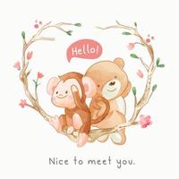 cute bear and monkey sitting on tree branch illustration vector