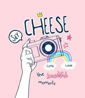 say cheese slogan with hand holding camera cartoon illustration with cute icons vector
