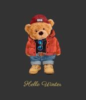 oso de peluche en la ilustración de estilo de invierno vector