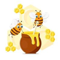 ilustración vectorial de abejas lindas recolectadas miel en una olla grande vector