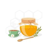 ilustración vectorial de un tarro de cristal con miel y una taza de té vector