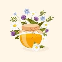 vector summer illustration of honey jar with flowers on background