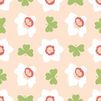 White daffodils seamless pattern on a beige background with clover leaves. Vector illustration in a flat style.