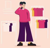 The girl on shopping chooses things for herself and speaks on the phone. Vector stock illustration. Flat style. Store with things