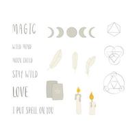 Magic set with words, feather, candle and sacred geometry vector