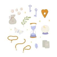 Wiccan set with key, bottle, crystal and feather vector