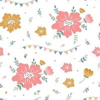 Cartoon cute flower and leaves pattern for wrapping paper vector