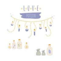 Magic card with potion bottle, bags and necklace vector