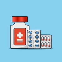 vector de icono de dibujos animados de píldora de tarro de medicina y cápsula