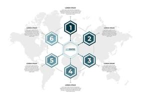 Modern infographic presentation in 6 steps with world map. Creative hexagonal infographic concept. vector