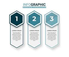 infografía de etiqueta vertical moderna en elementos de 3 pasos. etiqueta de información comercial con forma de hexágono vector