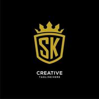 logotipo de sk inicial escudo estilo corona, diseño de logotipo de monograma elegante de lujo vector