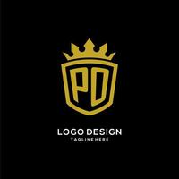 estilo de corona de escudo de logotipo po inicial, diseño de logotipo de monograma elegante de lujo vector