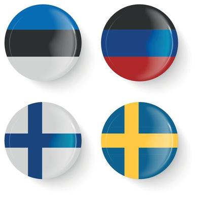 Round flags of Sweden, Finland, Donetsk People's Republic, Estonia. Pin buttons.