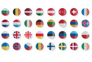 Round flags of different countries. Pin buttons.