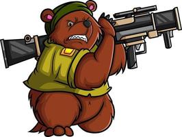 The angry soldier bear is shooting with the bazooka vector