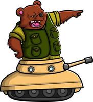 The big army bear is pointing and standing on the tank vector