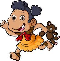 The cute ancient girl is running with the teddy bear doll vector