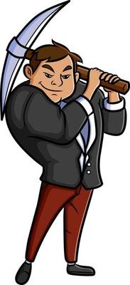 The man with the suit is holding the pickaxe