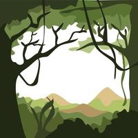 ilustración vectorial de bosque verde y fondo de silueta de montañas vector