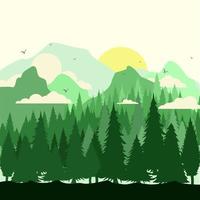 silueta, plano de fondo, ilustración, de, verde, bosque tropical, y, montañas vector