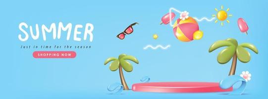 fondo de banner de venta de verano con forma cilíndrica de exhibición de productos y decoración de vibraciones de playa vector