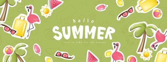 Green Summer banner background with sticker beach vibes decorate vector
