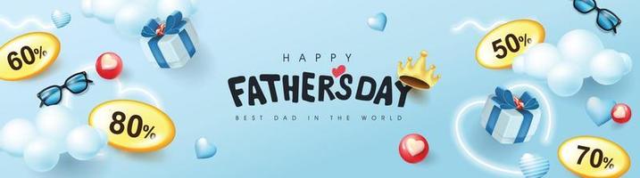 Father's Day sale banner background with Father's Day calligraphy and gift item for dad vector