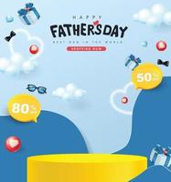 Father's Day sale banner with product display cylindrical shape and gift box for dad on blue background vector