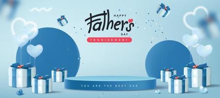 tarjeta del día del padre con forma cilíndrica de exhibición de productos y caja de regalo para papá sobre fondo azul vector