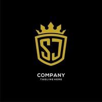 logotipo inicial de sj escudo estilo corona, diseño de logotipo de monograma elegante de lujo vector