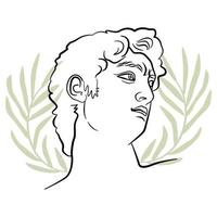 Michelangelo David head in trendy line art style. A vector portrait of man with abstract olive branches. Poster or postcard decorative element.