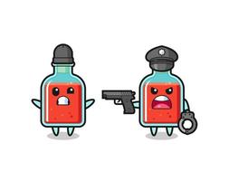 illustration of square poison bottle robber with hands up pose caught by police vector
