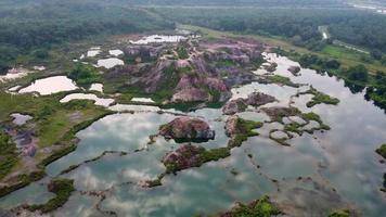 Aerial view quarry with beautiful scenery reflection blue sky