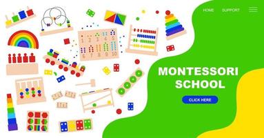 juguetes lógicos educativos para juegos montessori. banner creativo, página de inicio para un sitio web en un estilo plano. escuela montessori educación sensorial con la ayuda de clases didácticas. vector