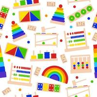 patrón impecable con juguetes infantiles brillantes para juegos montessori para el desarrollo de la primera infancia. vector