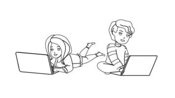 Boy And Girl Children Playing On Laptop Vector