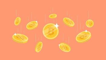 Bitcoin coins flying on orange background. bitcoin cryptocurrency concept banner. vector