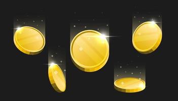 Blank golden cryptocurrency coins falling on dark background.