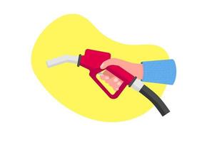 Hand holding a red fuel pump. Holding fuel nozzle. Gas for automobile. vector
