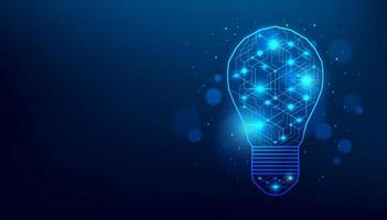 Blue glowing light bulb of an artificial intelligence with line dots on dark blue color background. Digital technology creative ideas concept. vector