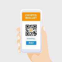 billetera digital de criptomonedas en la pantalla del teléfono móvil. codigo qr pago. vector