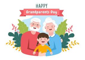 feliz día de los abuelos linda ilustración de dibujos animados con nieto, pareja mayor, decoración de flores, abuelo y abuela en estilo plano para afiche o tarjeta de felicitación vector