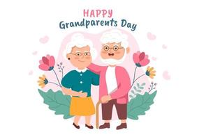 feliz día de los abuelos linda ilustración de dibujos animados con pareja mayor, decoración de flores, abuelo y abuela en estilo plano para afiche o tarjeta de felicitación vector