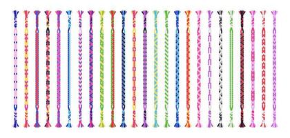 Conjunto de pulseras de amistad hechas a mano multicolores de hilos o cuentas. Tutorial de patrón normal de macramé. vector