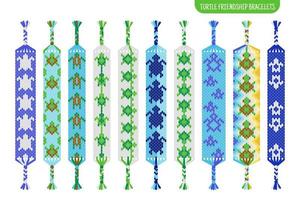 Green turtle handmade friendship bracelets set of threads or beads. Macrame normal pattern tutorial. vector