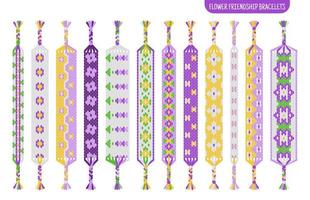 Juego de pulseras de la amistad hechas a mano con flores moradas de hilos o cuentas. Tutorial de patrón normal de macramé. vector