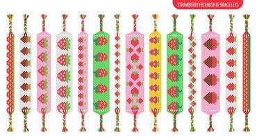 Red strawberry or raspberry handmade friendship bracelets set of threads or beads. Macrame normal pattern tutorial. vector