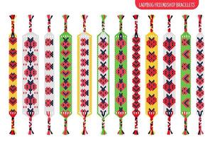 Red ladybug handmade friendship bracelets set of threads or beads. Macrame normal pattern tutorial. vector